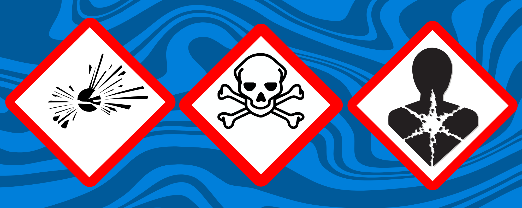 Verpackungen mit Gefahrensymbolen wie &bdquo;explosiv&ldquo;, &bdquo;akut toxisch&ldquo; und &bdquo;ernste Gesundheitsgefahr&ldquo;